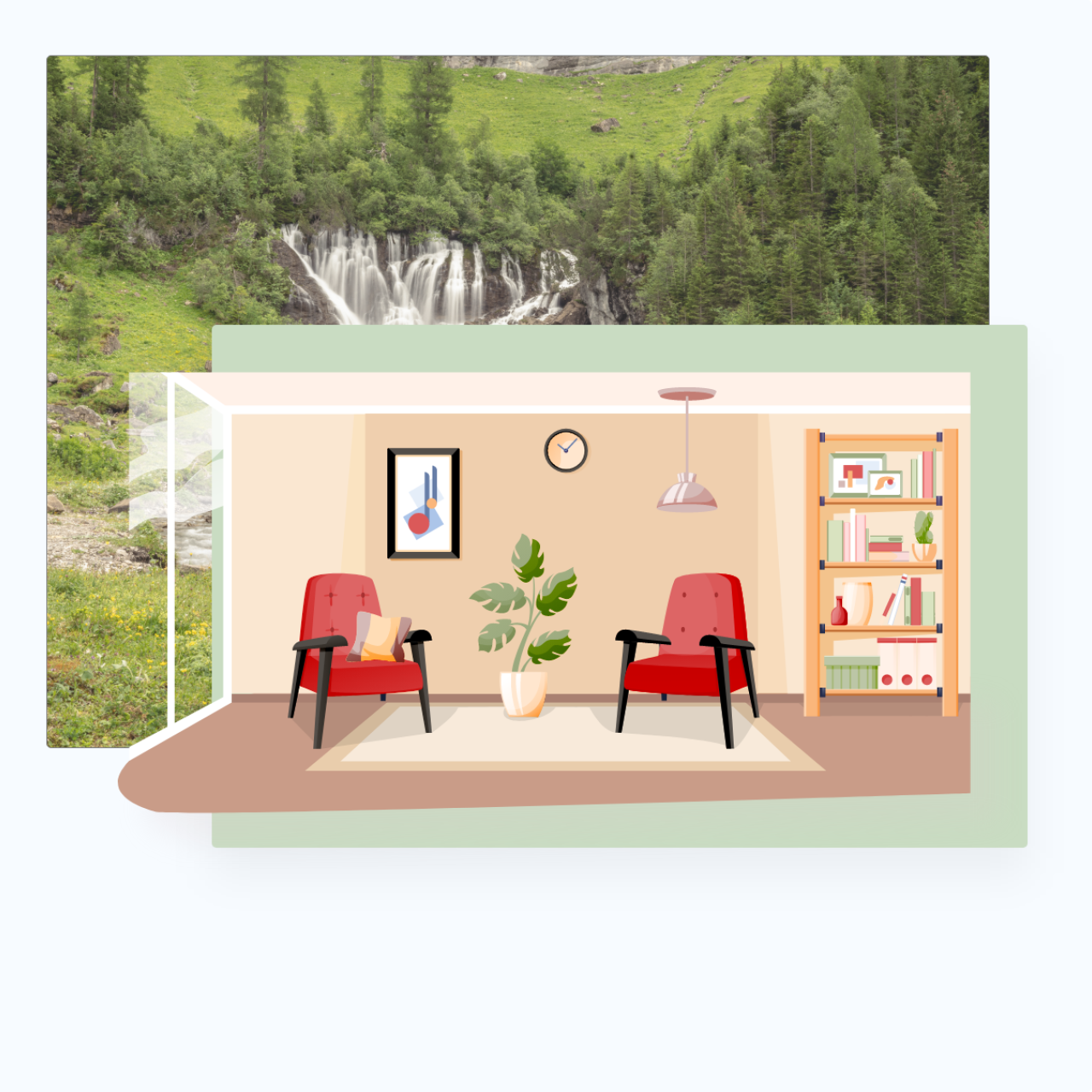Eine Grafik von einem hellen Raum mit zwei roten Stühlen auf einem Teppich und einer grünen Zimmerpflanze, mit Aussicht euf einen kleinen Wasserfall.